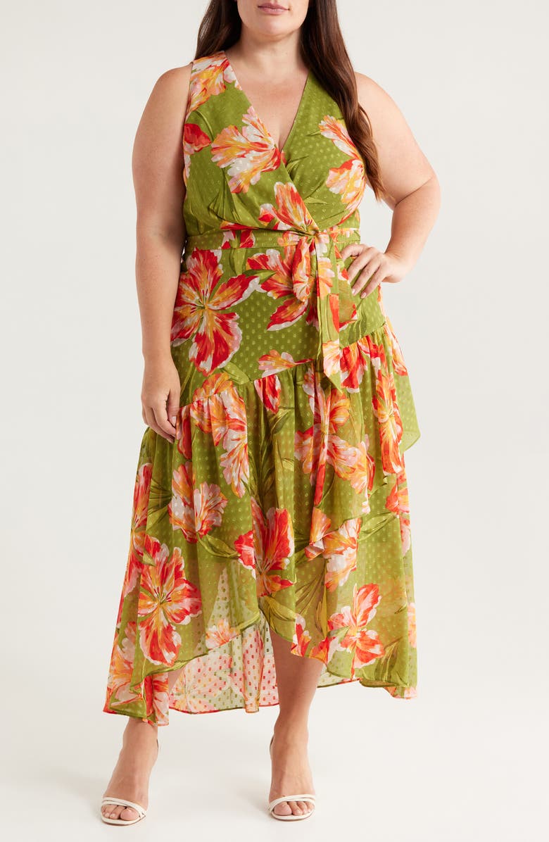 Anne Klein Floral Clip Dot High-Low Faux Wrap Dress, Main, color, 