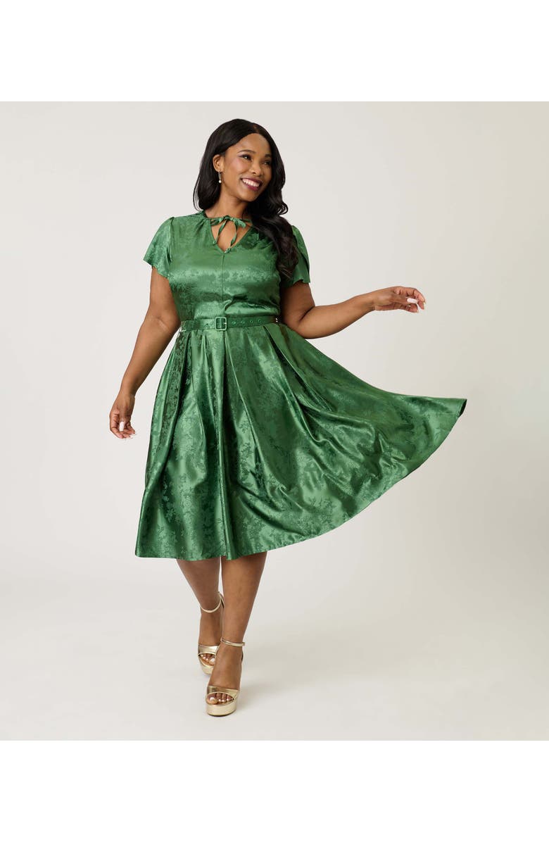 Unique Vintage Plus Size Short Petal Sleeve Tie Neck Dahlia Swing Dress, Main, color, Emerald