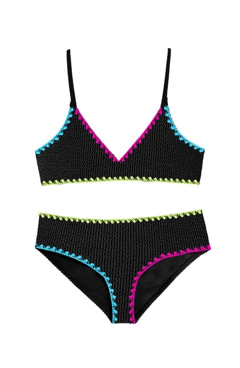 Crinkle Triangle Bikini Swimsuit with Embroidered Trim