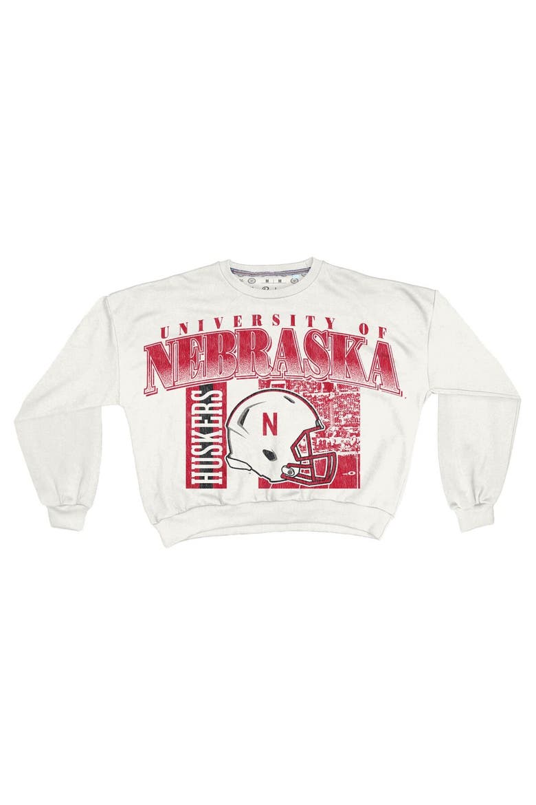 Women's Pressbox White Nebraska Huskers Oversized Janice Retro Waist-Length Sweatshirt, Alternate, color, White