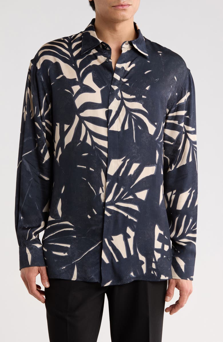 Emporio Armani Palm Print Long Sleeve Button-Up Shirt, Main, color, Navy