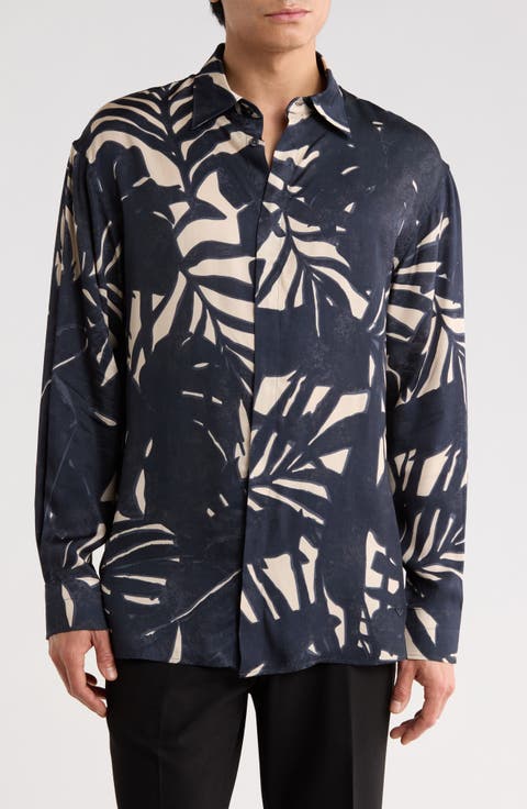 Palm Print Long Sleeve Button-Up Shirt