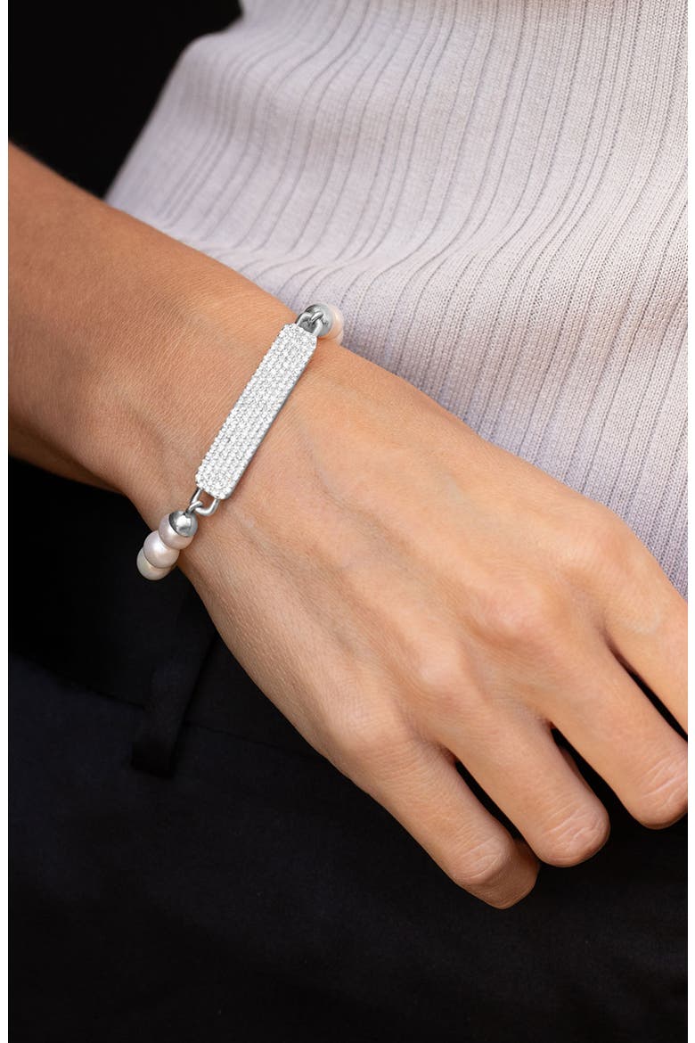 Small Diamond Id Tag On Pearl Bead Bracelet, Alternate, color, Pearl / Sterling Silver