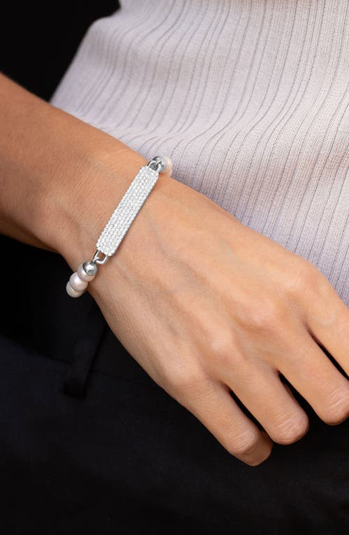 Sheryl Lowe Small Diamond Id Tag On Pearl Bead Bracelet In Silver