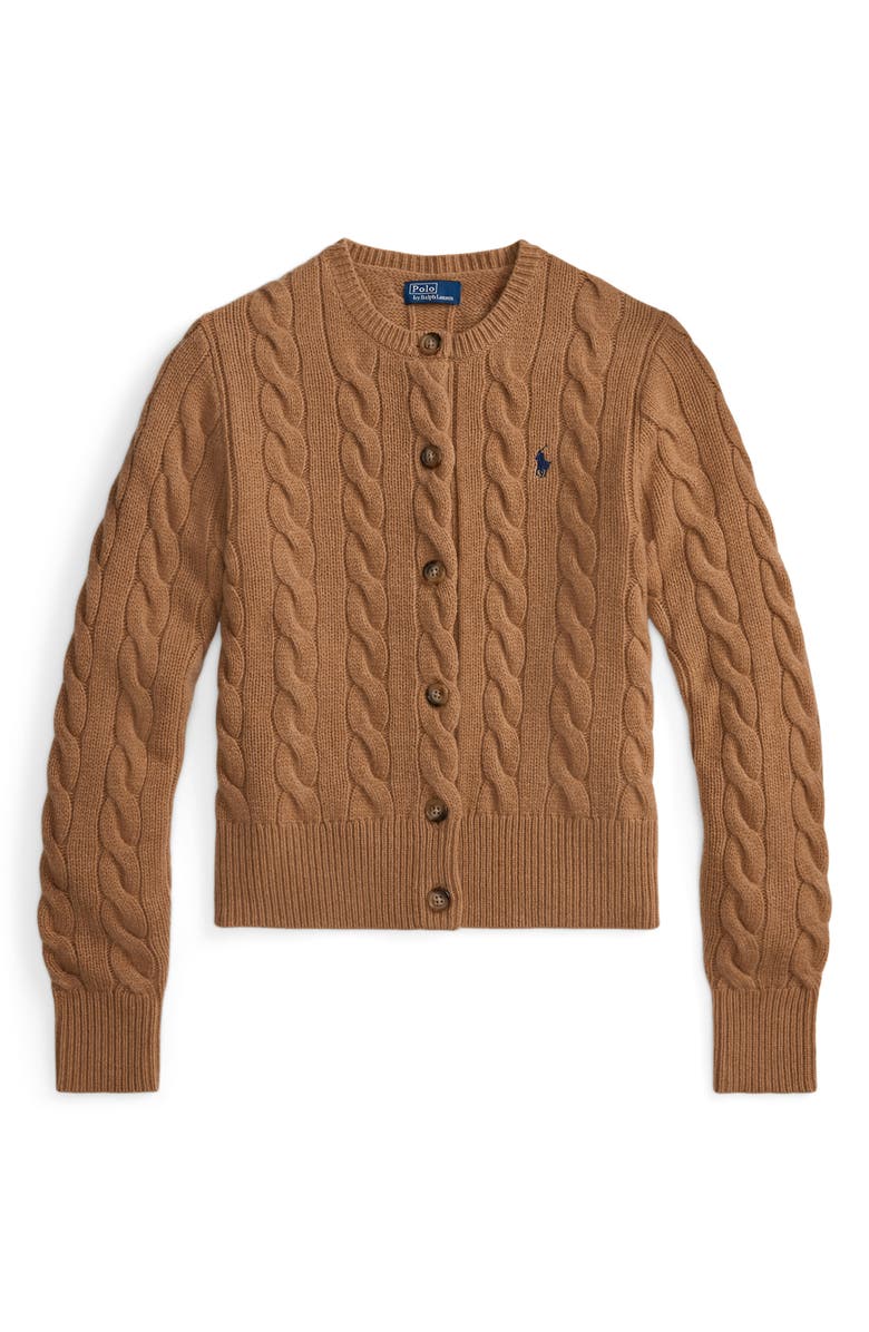 Polo Ralph Lauren Cable Knit Wool & Cashmere Cardigan, Alternate, color, Collection Camel Melange