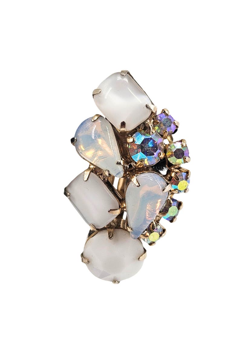 Vintage clip Milk Glass,Aurora Borealis irridescent Rhinestone Earrings, Alternate, color, Gold