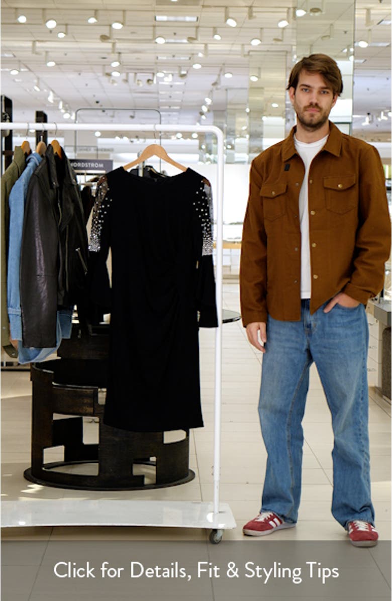 Ruched Beaded Mesh Sleeve Cocktail Dress, sales video thumbnail