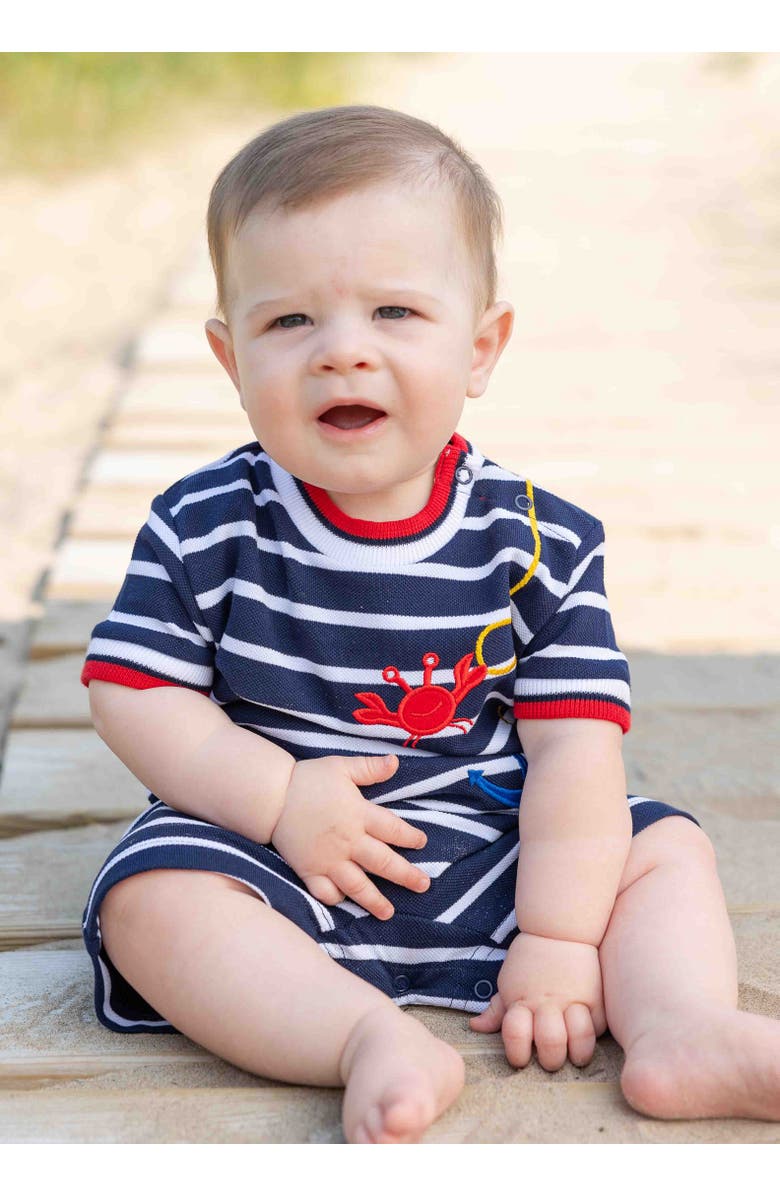 Florence Eiseman Stripe Knit Shortall With Anchor, Crabs & Fish, Alternate, color, Navy / White