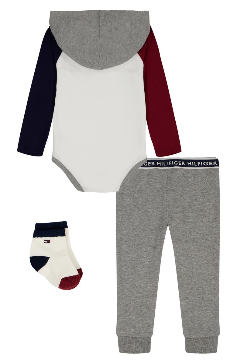 Tommy Hilfiger Colorblock Bodysuit, Pull-On Pants & Socks Set, Alternate, color, Grey