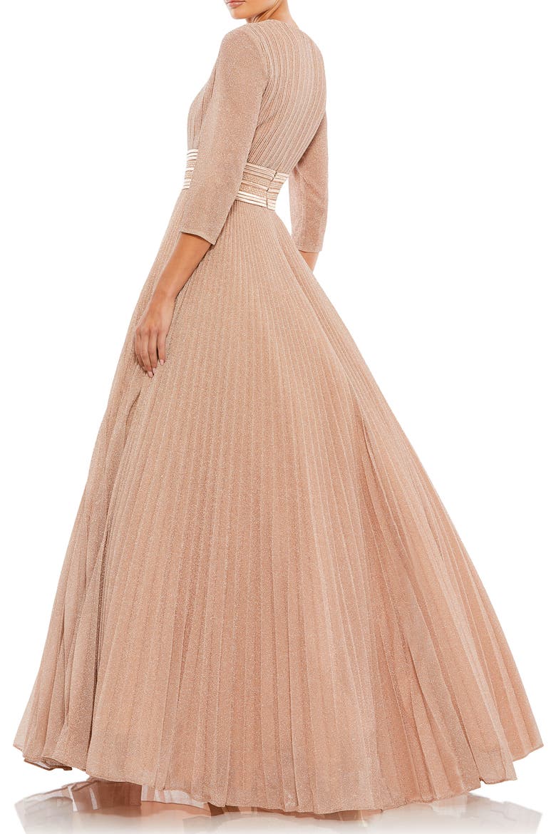Shimmering Pleated A-Line 3/4 Sleeve Gown, Alternate, color, Rose Gold