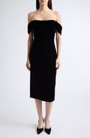 Carolina Herrera Off the Shoulder Stretch Velvet Midi Dress