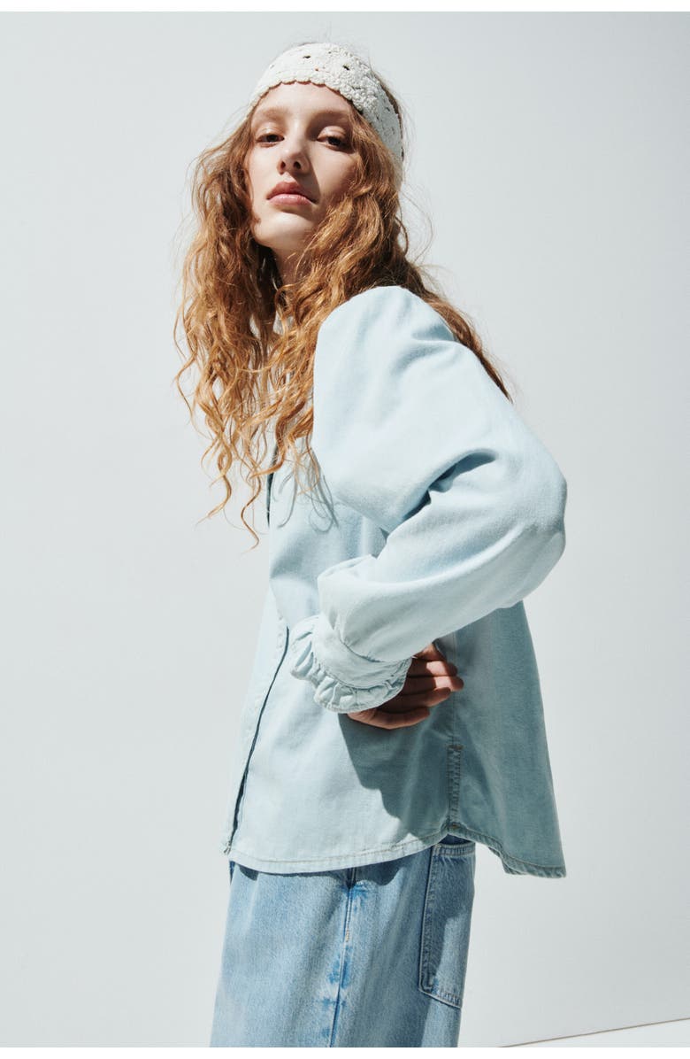 H&M Ruffle-trimmed denim blouse, Main, color, Pale Denim Blue