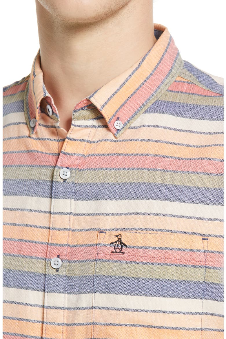 Stripe Short Sleeve Cotton Button-Down Shirt, Alternate, color, DARK SAPPHIRE