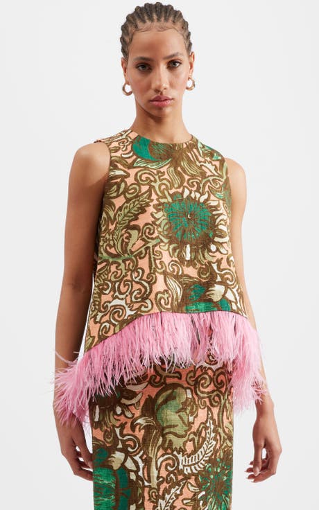 La Scala Top With Feathers Anemone Pink Olive