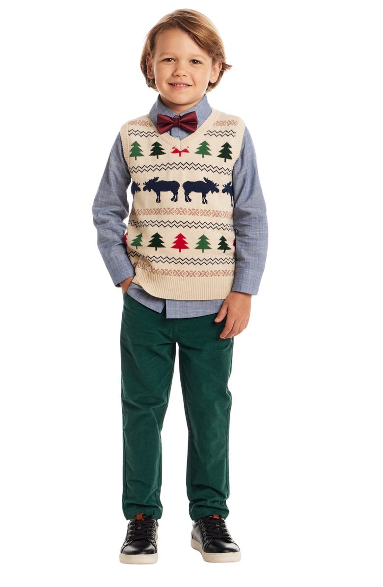 Andy & Evan Kids' Sweater Vest, Button-Up Shirt, Pants & Bow Tie Set, Alternate, color, Beige Fair Isle