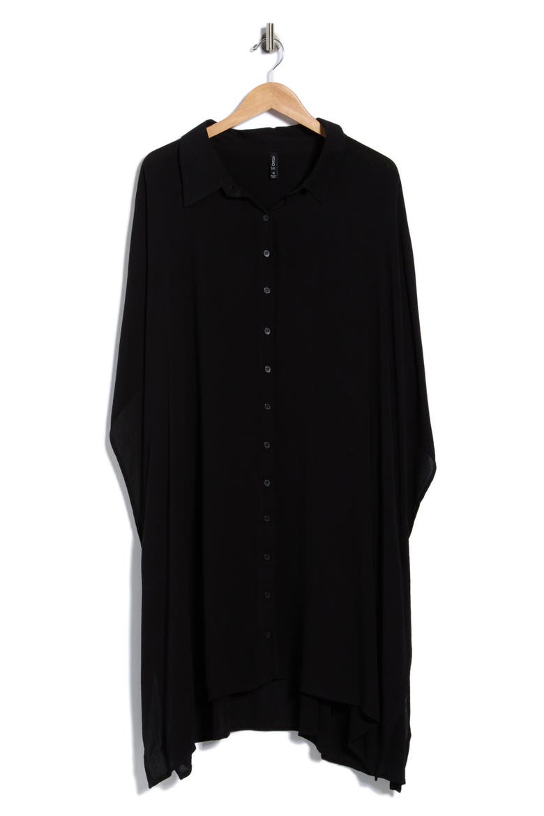 Button Front Sharkbite Hem Cover-Up Tunic, Alternate, color, BLACK