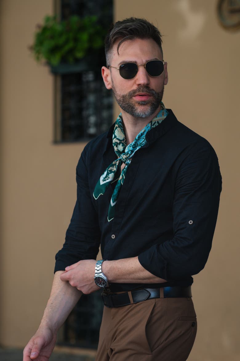 Napoli - Hand Rolled Silk Neckerchief for Men, Alternate, color, Green and Blue