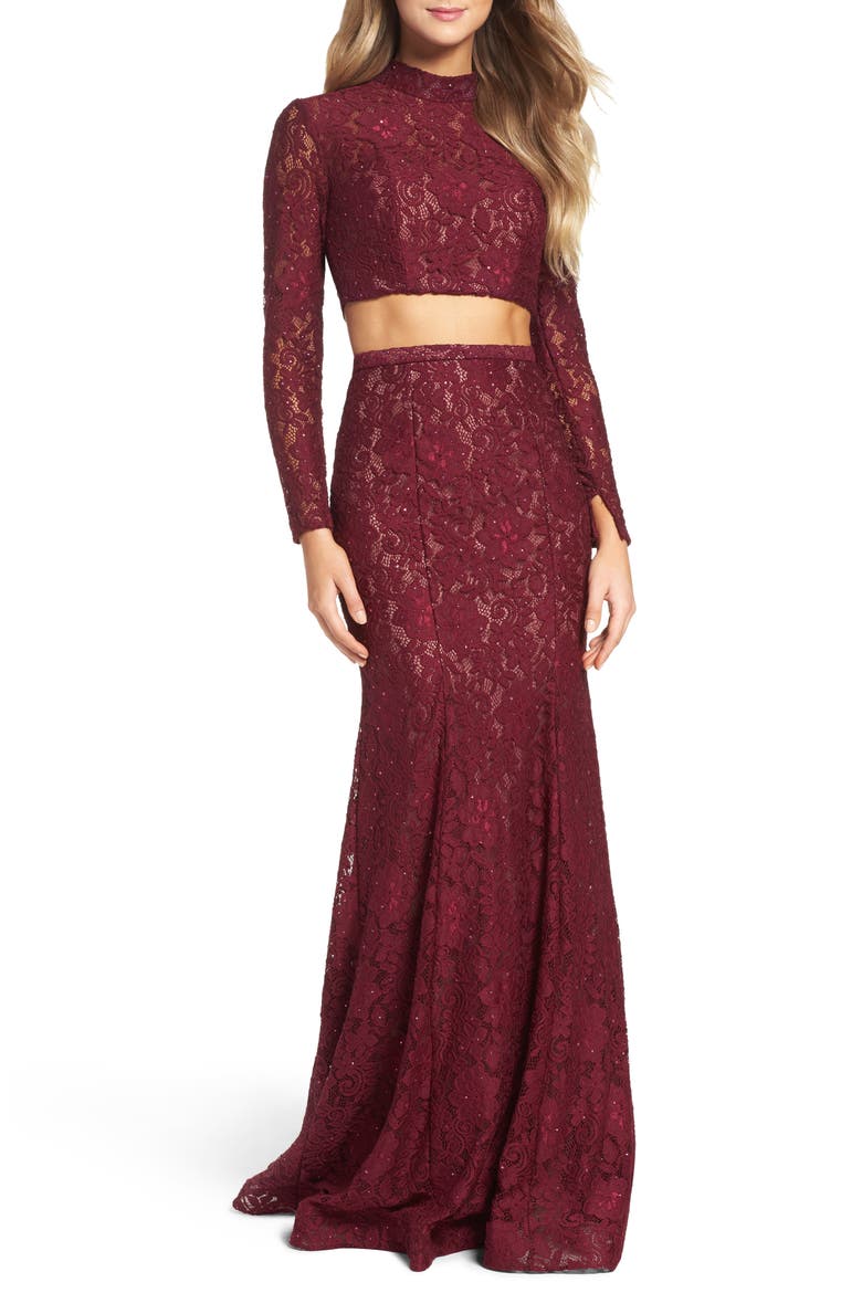 Embellished Lace Two-Piece Gown, Main, color, GARNET