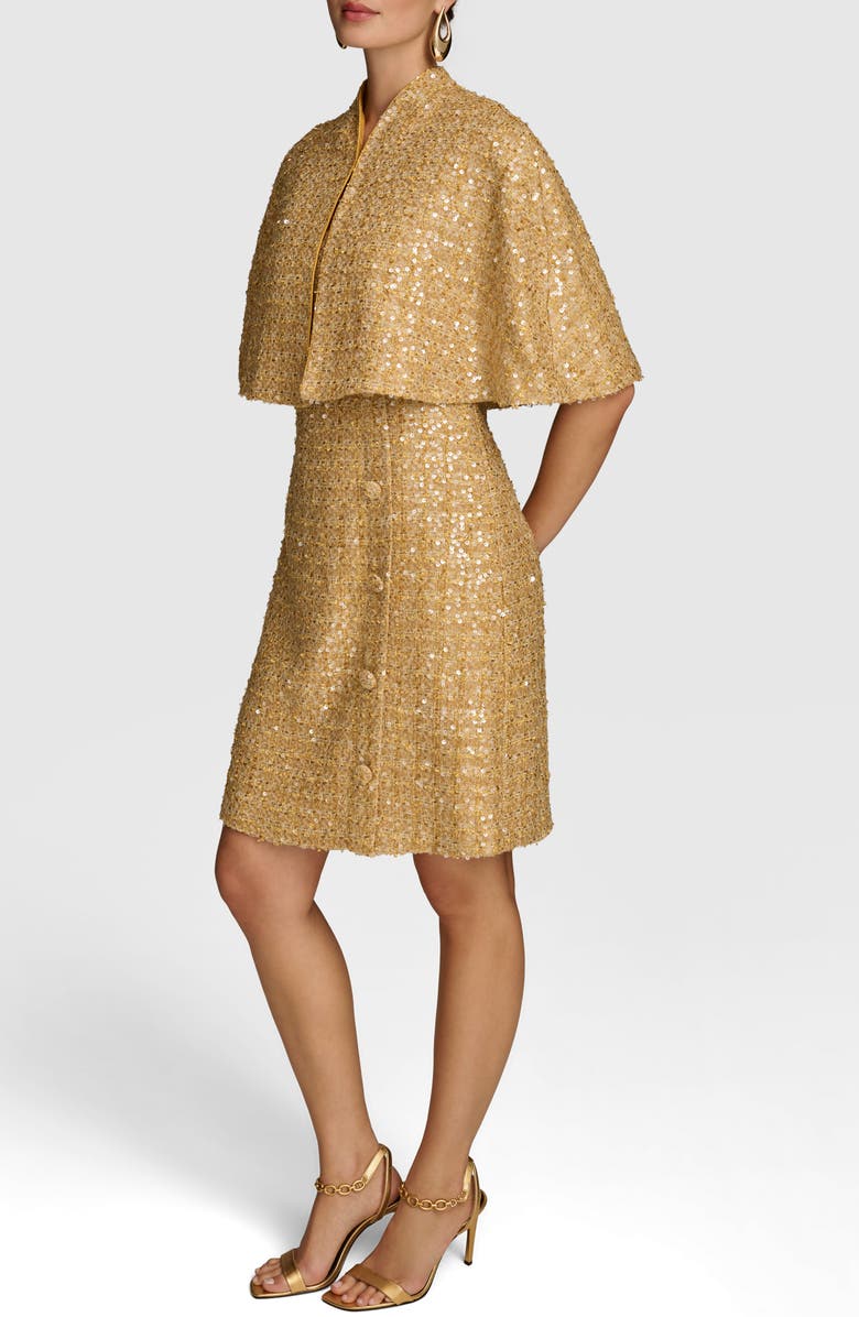 Donna Karan New York Sequin Tweed Cape & Sheath Dress Set, Alternate, color, Gold