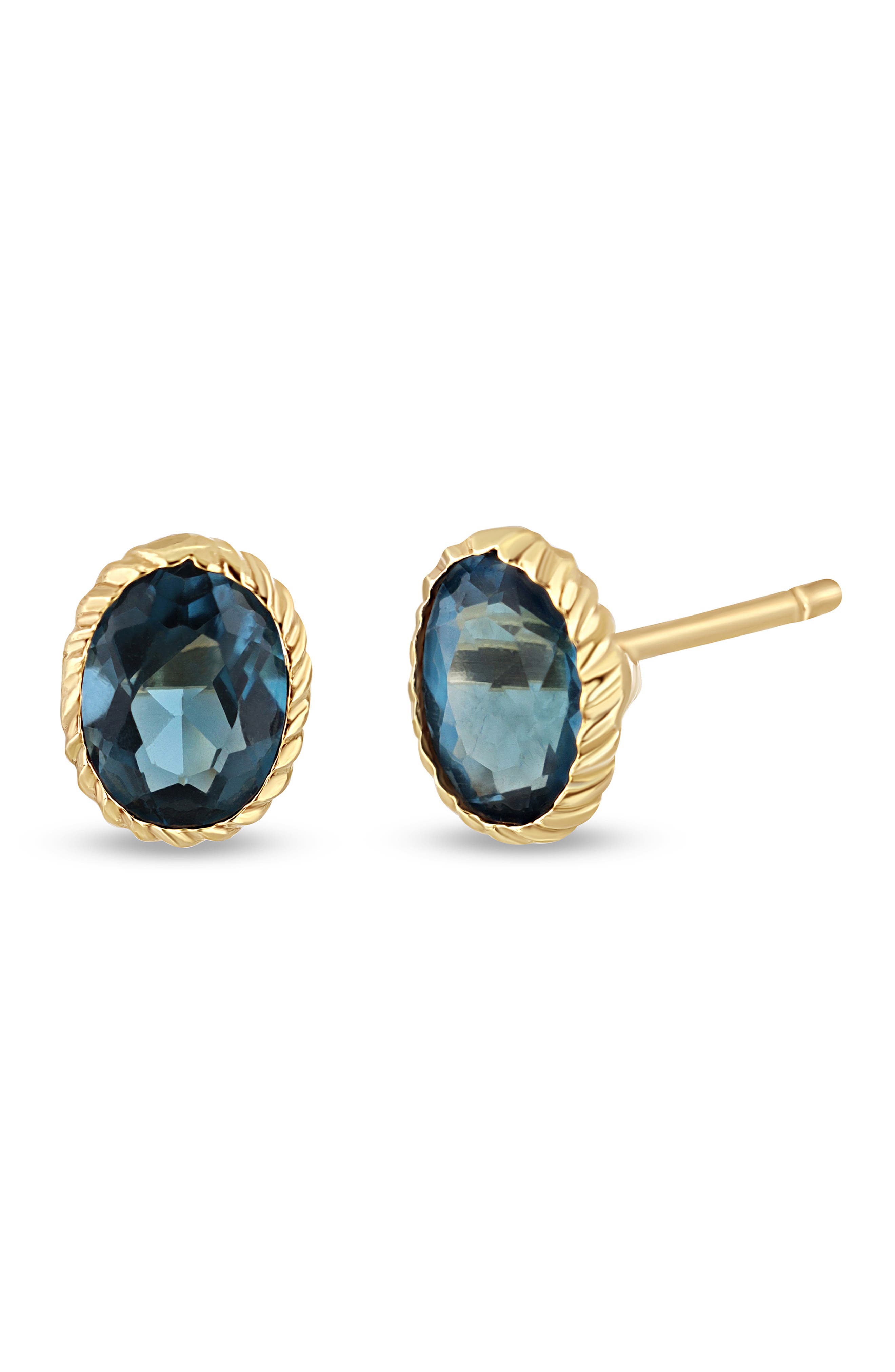 14K Gold Colors Blue Topaz Stud Earrings