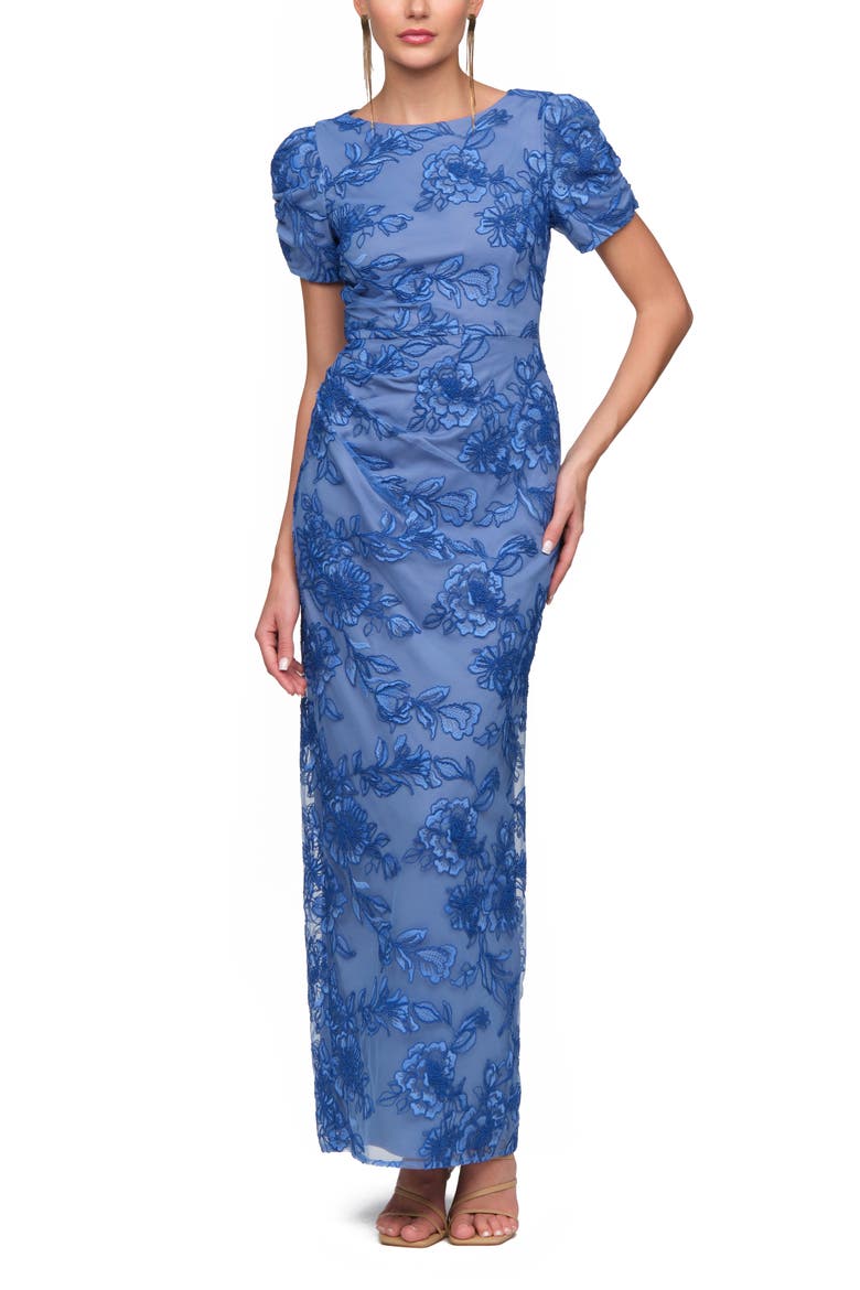 Oriana Embroidered Puff Sleeve Column Gown, Alternate, color, INDIGO