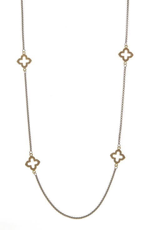 Cubic Zirconia Quatrefoil Station Chain Long Necklace