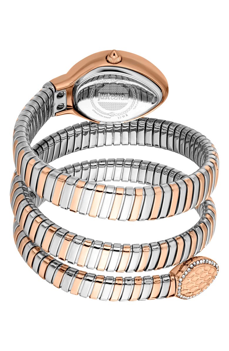 Just Cavalli Snake Wraparound Bracelet Watch, 20mm x 34.5mm, Alternate, color, Silver/ Rose Gold