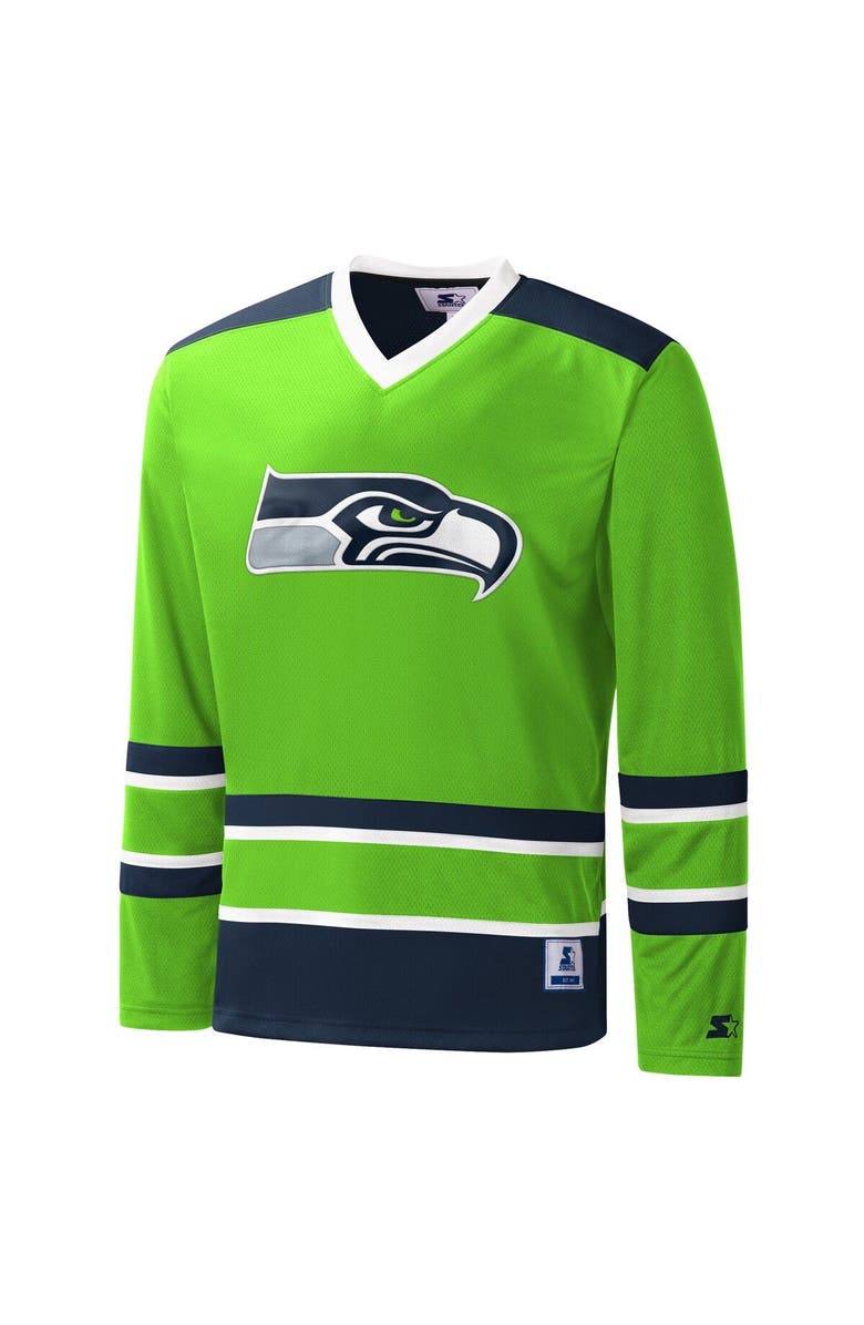STARTER Men's Starter Neon Green Seattle Seahawks Cross-Check V-Neck Long Sleeve T-Shirt, Alternate, color, Neon Green