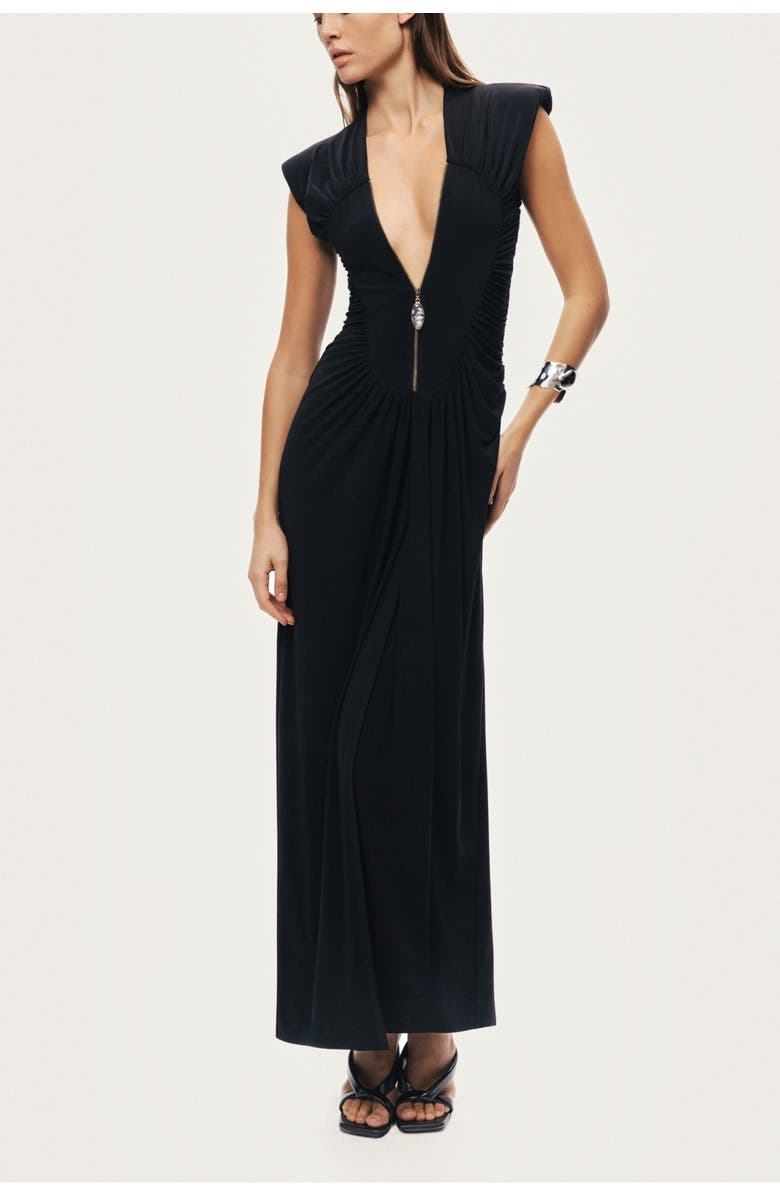 Nocturne Ruched Deep V-Neck Maxi Dress, Alternate, color, Black