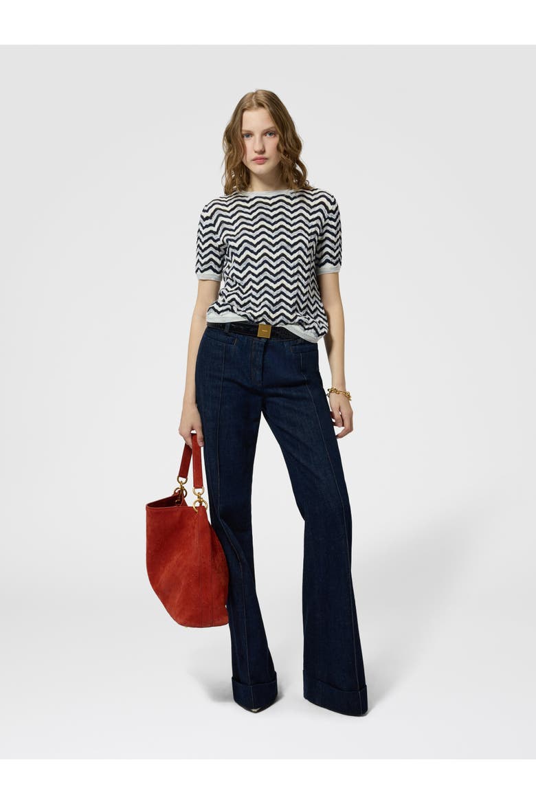 Short-sleeve Wool And Viscose Top With Wave Motif, Alternate, color, Blue& White
