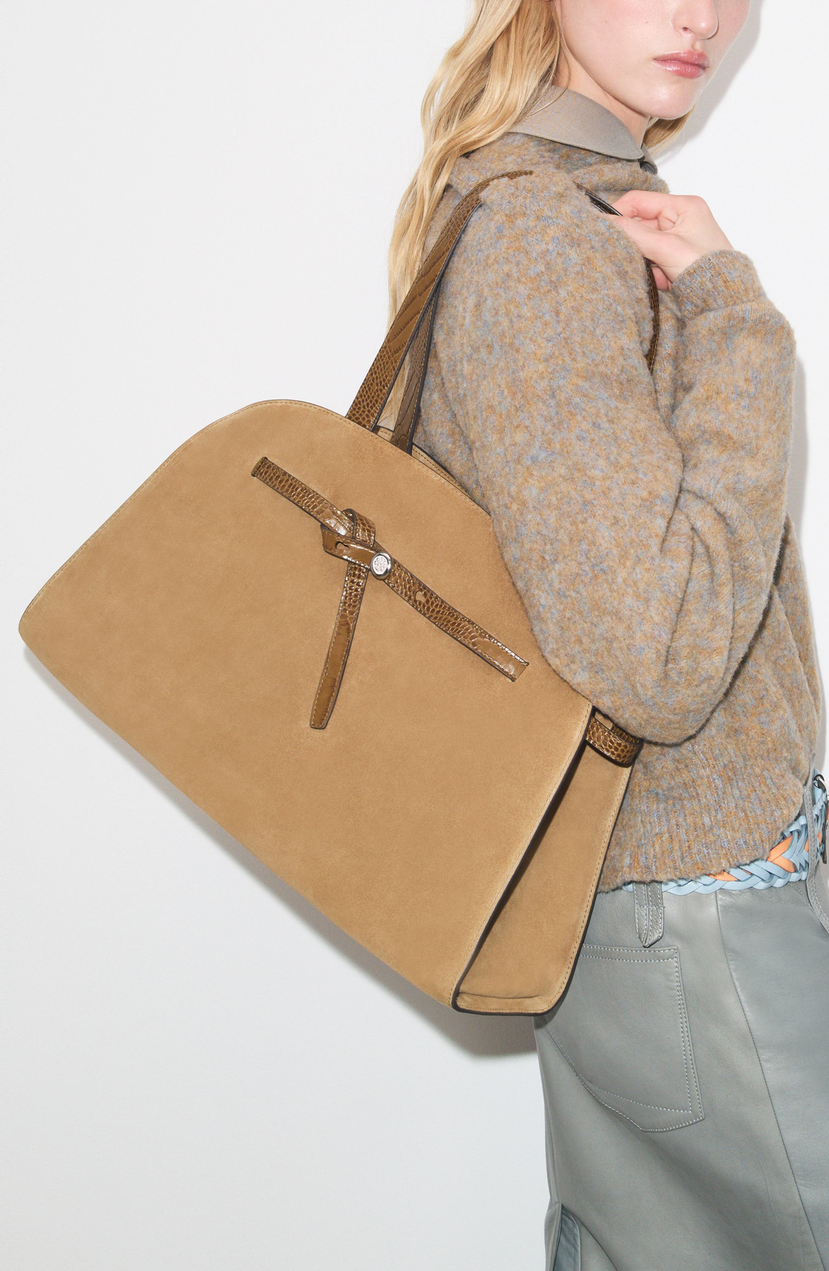 Romy Large Suede Leather Bauletto, Alternate, color, STONE
