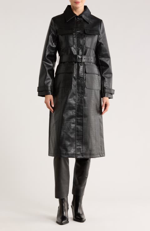 Croc Embossed Faux Leather Trench Coat