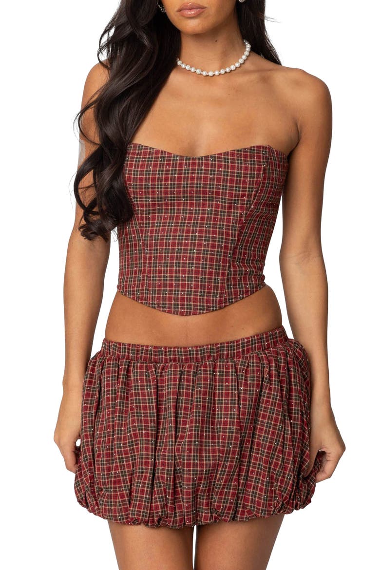 Marlene Plaid Strapless Corset Top, Main, color, RED