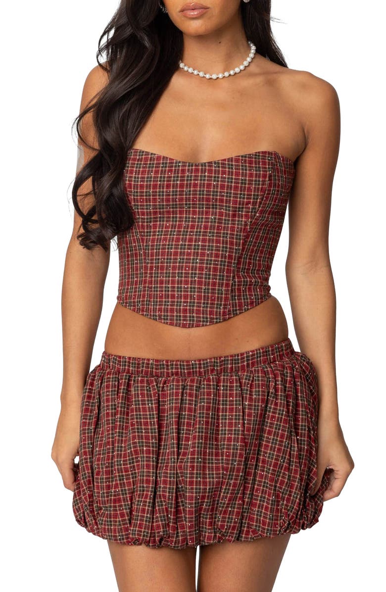 EDIKTED Marlene Plaid Strapless Corset Top, Main, color, Red