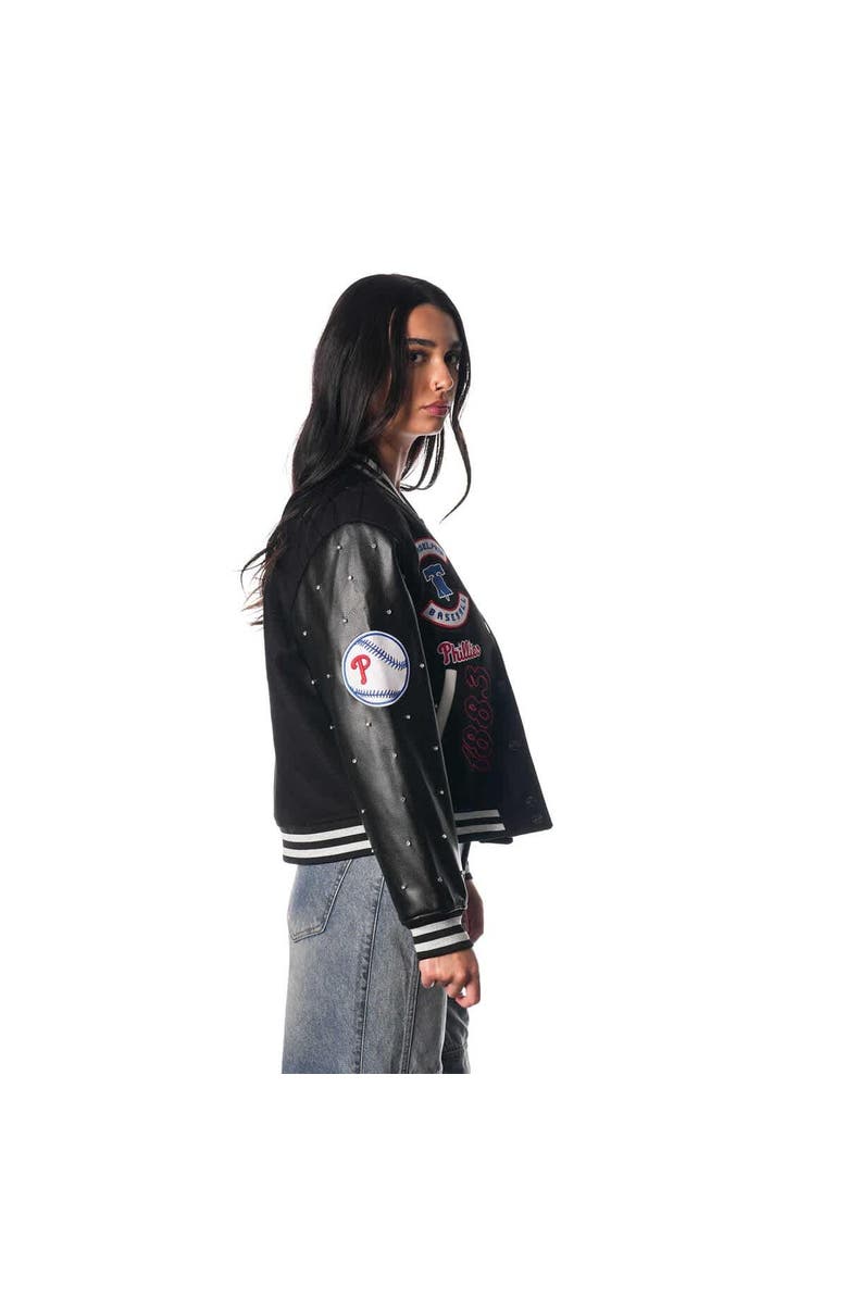 THE WILD COLLECTIVE Women's The Wild Collective Black Philadelphia Phillies Full-Snap Varsity Jacket, Alternate, color, 