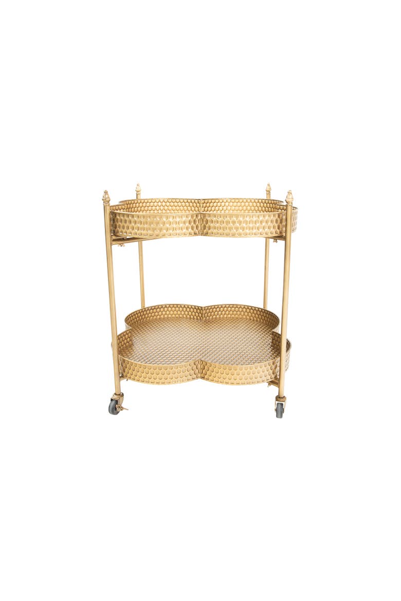Vintage Clover-Shaped 2-Tier Hammered Metal Bar Cart with Wheels, Brass Finish, Main, color, Brass
