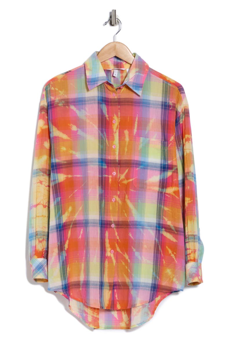 Oversize Plaid Button-Up Shirt, Alternate, color, ORANGE