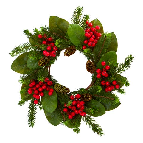 19-in Magnolia Leaf, Berry and Pine Artificial Wreath