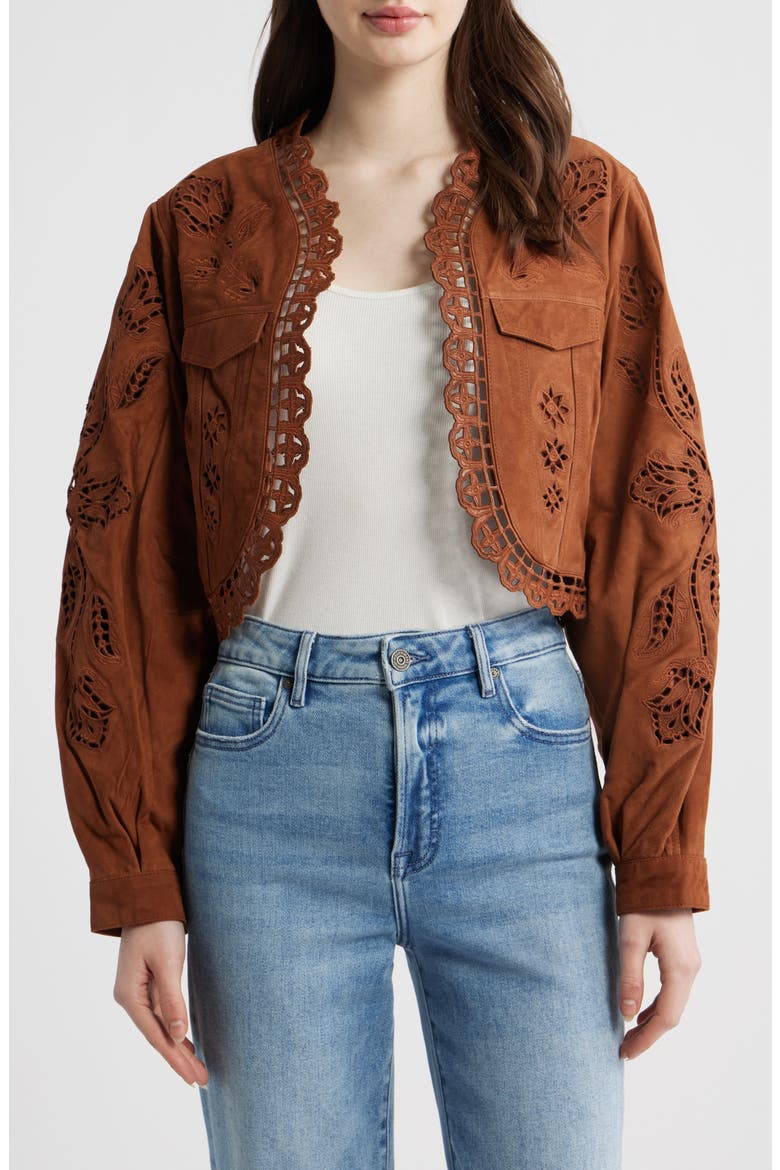 Richilieu Embroidered Genuine Leather Crop Jacket, Main, color, CARAMEL