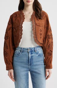 FARM Rio Richilieu Embroidered Genuine Leather Crop Jacket