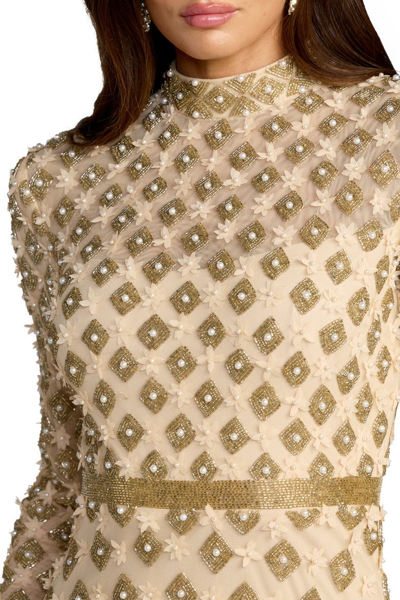 Mock Neck Long Sleeve Embellished A-Line Gown, Alternate, color, Champagne Gold