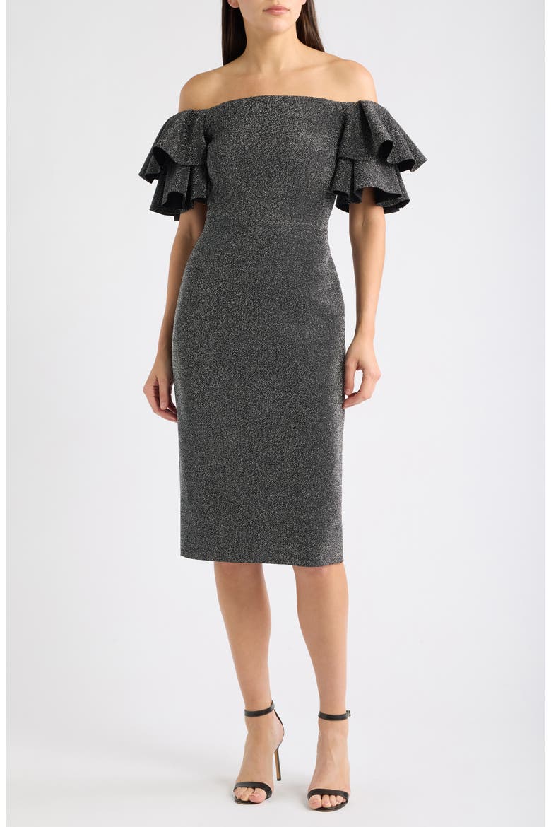 cocktail dress silver grey Eliza J Metallic Ruffle Sleeve Off the Shoulder in Black at Nordstrom, Size 12 Style:AP1D105985