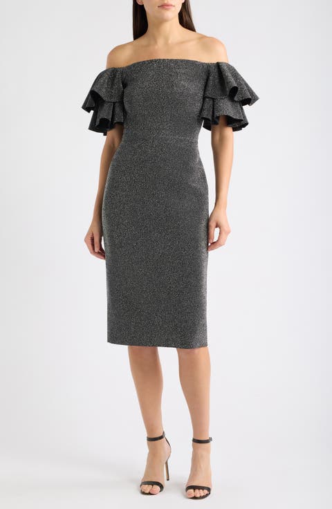 Metallic Ruffle Sleeve Off the Shoulder Cocktail Dress