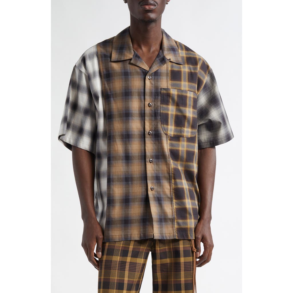 Shop Song For The Mute Spliced Button-up Gym Shirt In Brown Multi