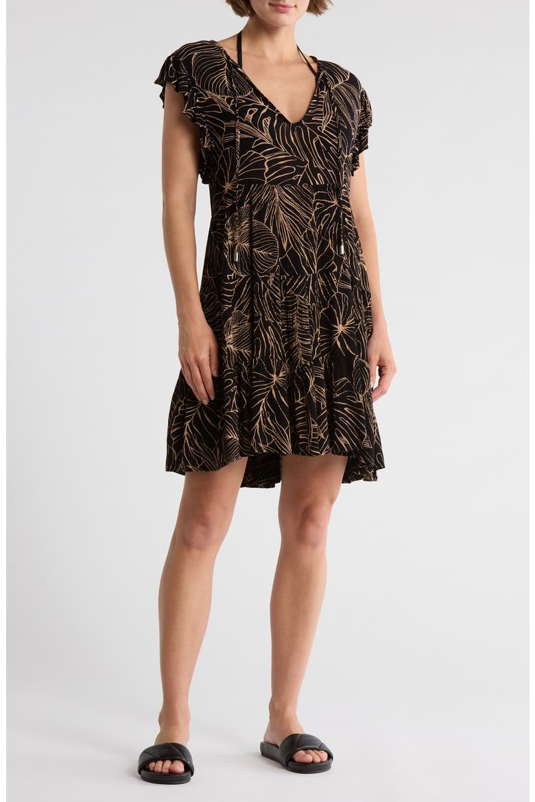 Ruffle Tiered Cover-Up Dress, Main, color, BLACK NATURAL TROPIC