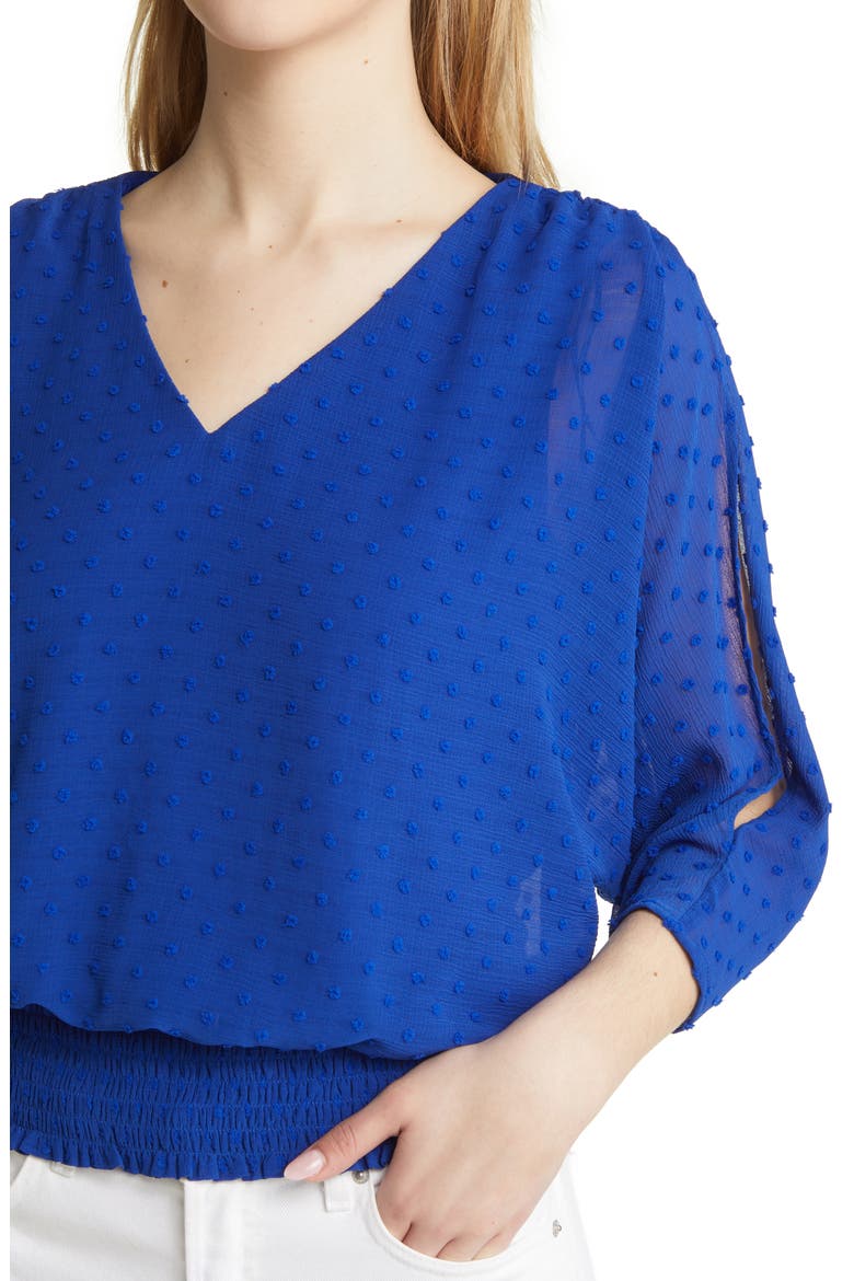Clip Dot Smocked Blouson Top, Alternate, color, OPULENT BLUE