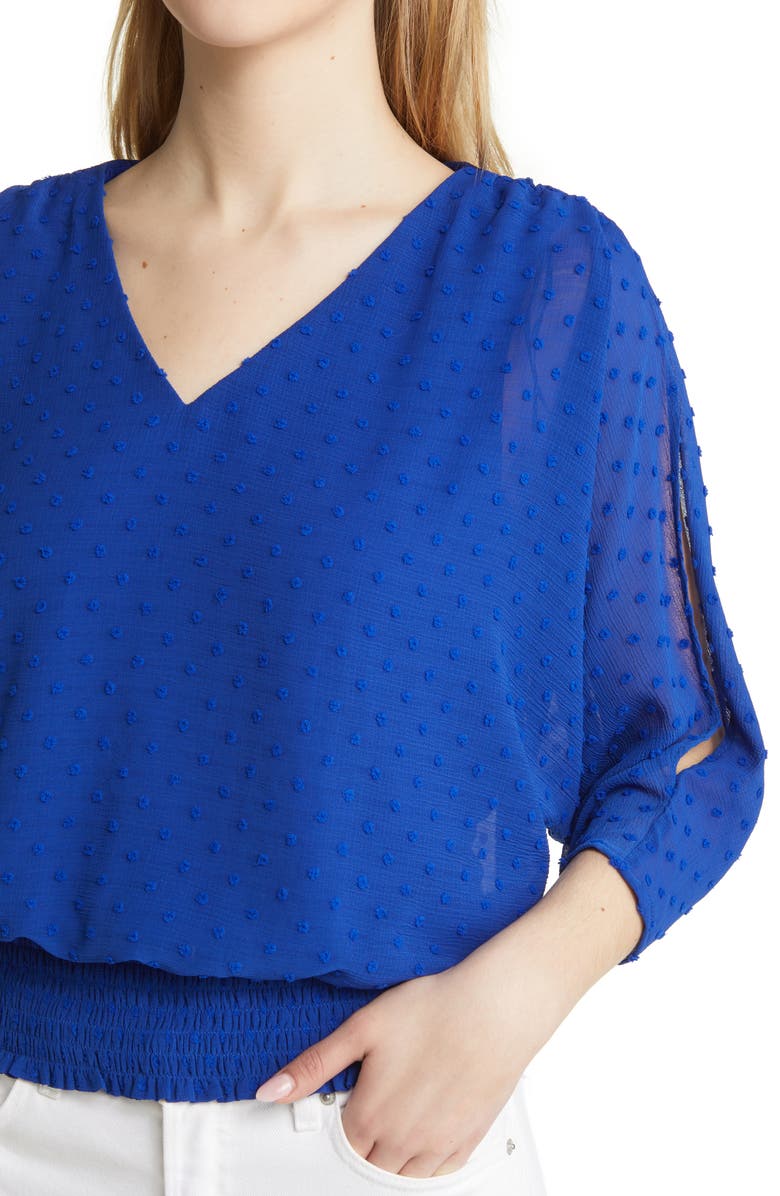 Vince Camuto Clip Dot Smocked Blouson Top, Alternate, color, 