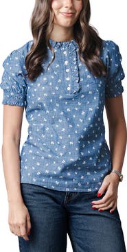 Hope & Henry Organic Chambray Puff Sleeve Top