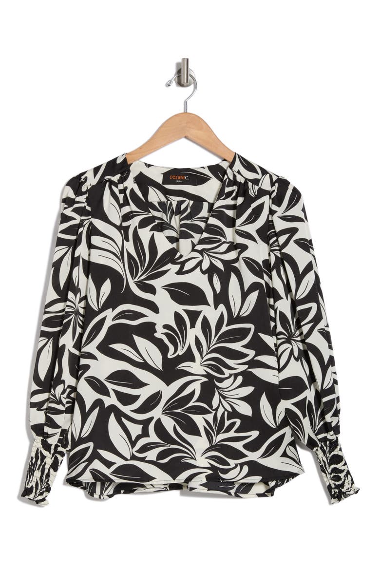 Floral Long Sleeve Top, Alternate, color, BLACK/ WHITE