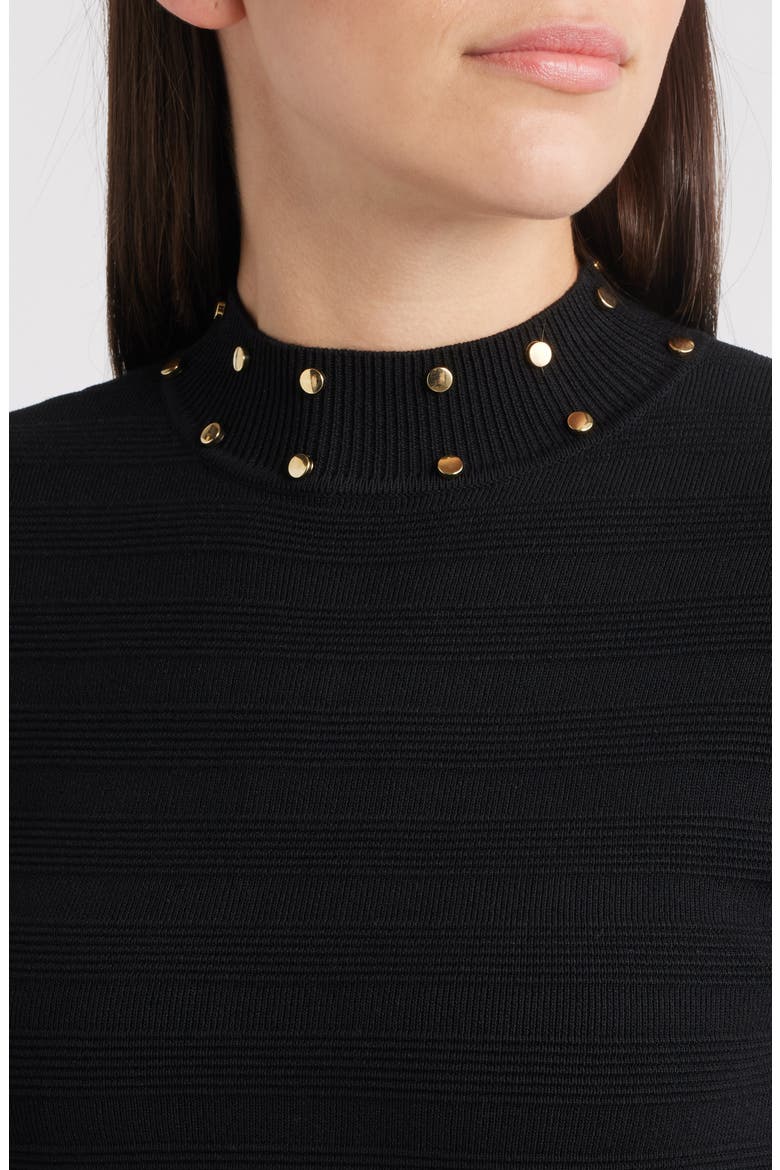 Metallic Rivet Detail Long Sleeve Fit & Flare Ottoman Knit Dress, Alternate, color, BLACK
